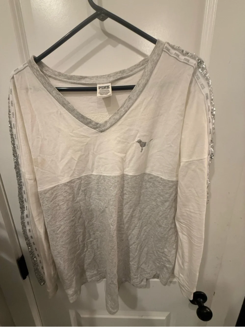 Victoria's Secret Sequin Dog Long Sleeve Top in White and Gray - Picture 2 of 6